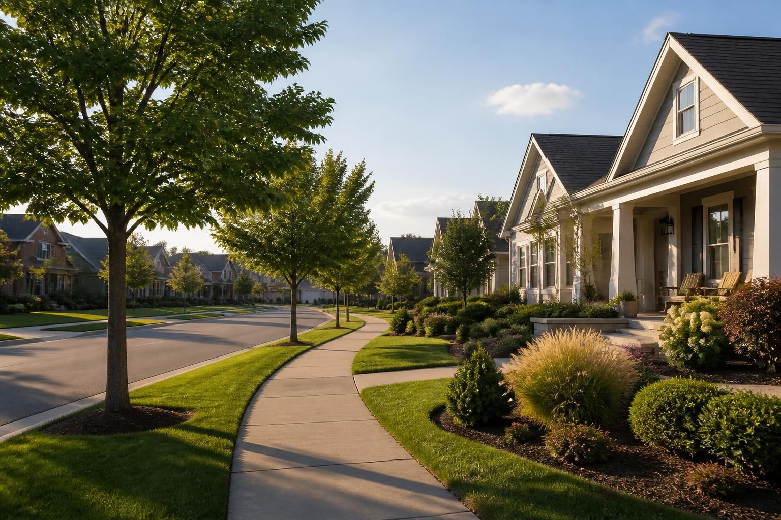 Manicured community streets with trees and residential homes.