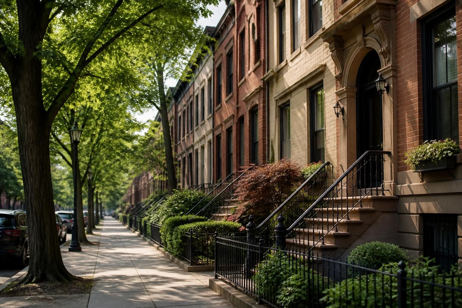 Tree-lined urban neighborhood with well-kept homes.