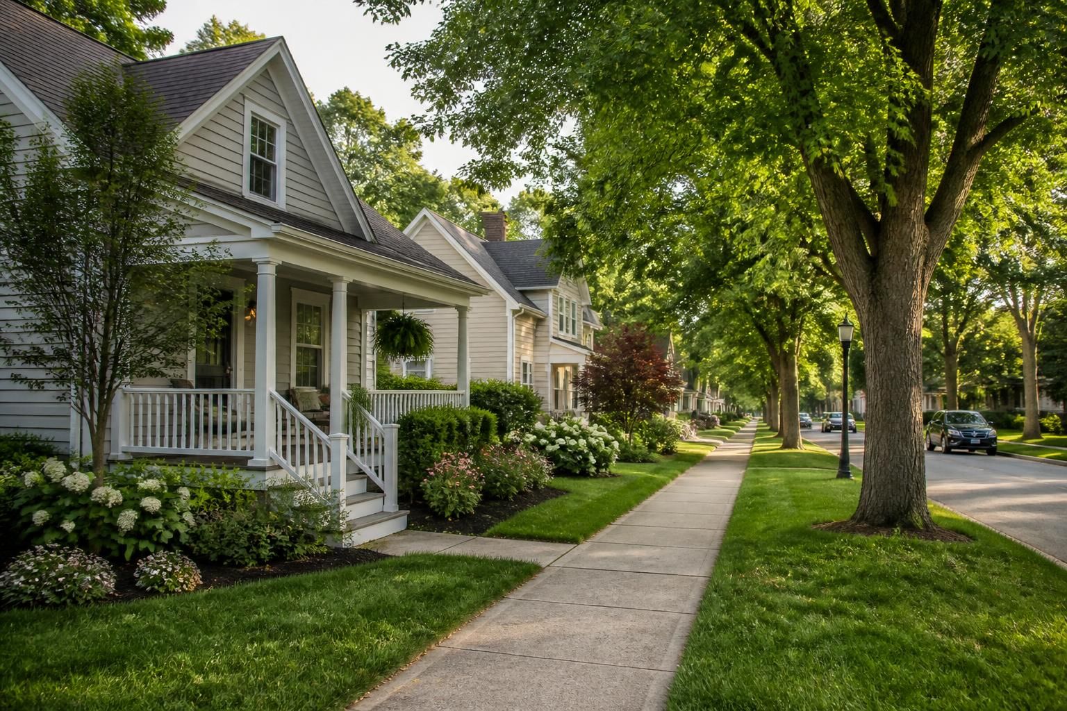 Small-town neighborhood with established trees and tidy homes.