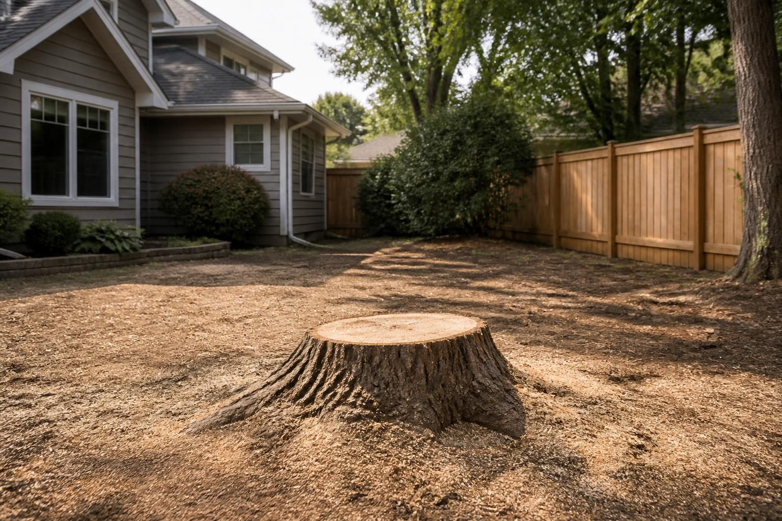 Hazardous tree removal in a cleared residential yard.