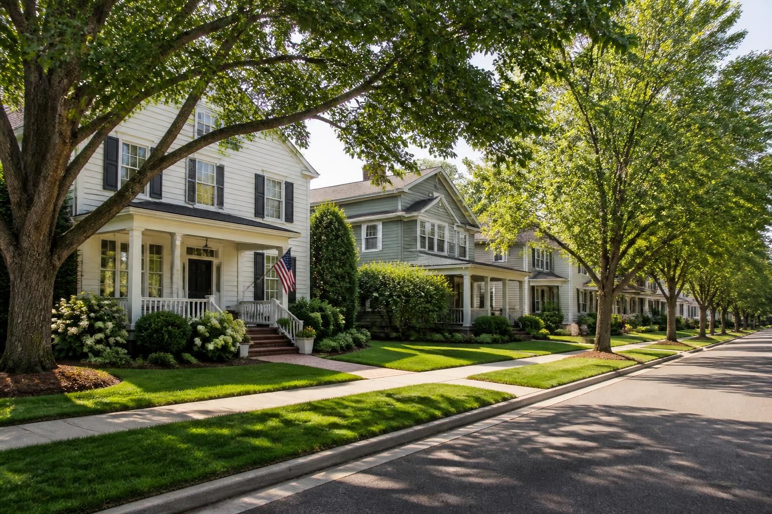 Mature trees and manicured lawns in a clean neighborhood.