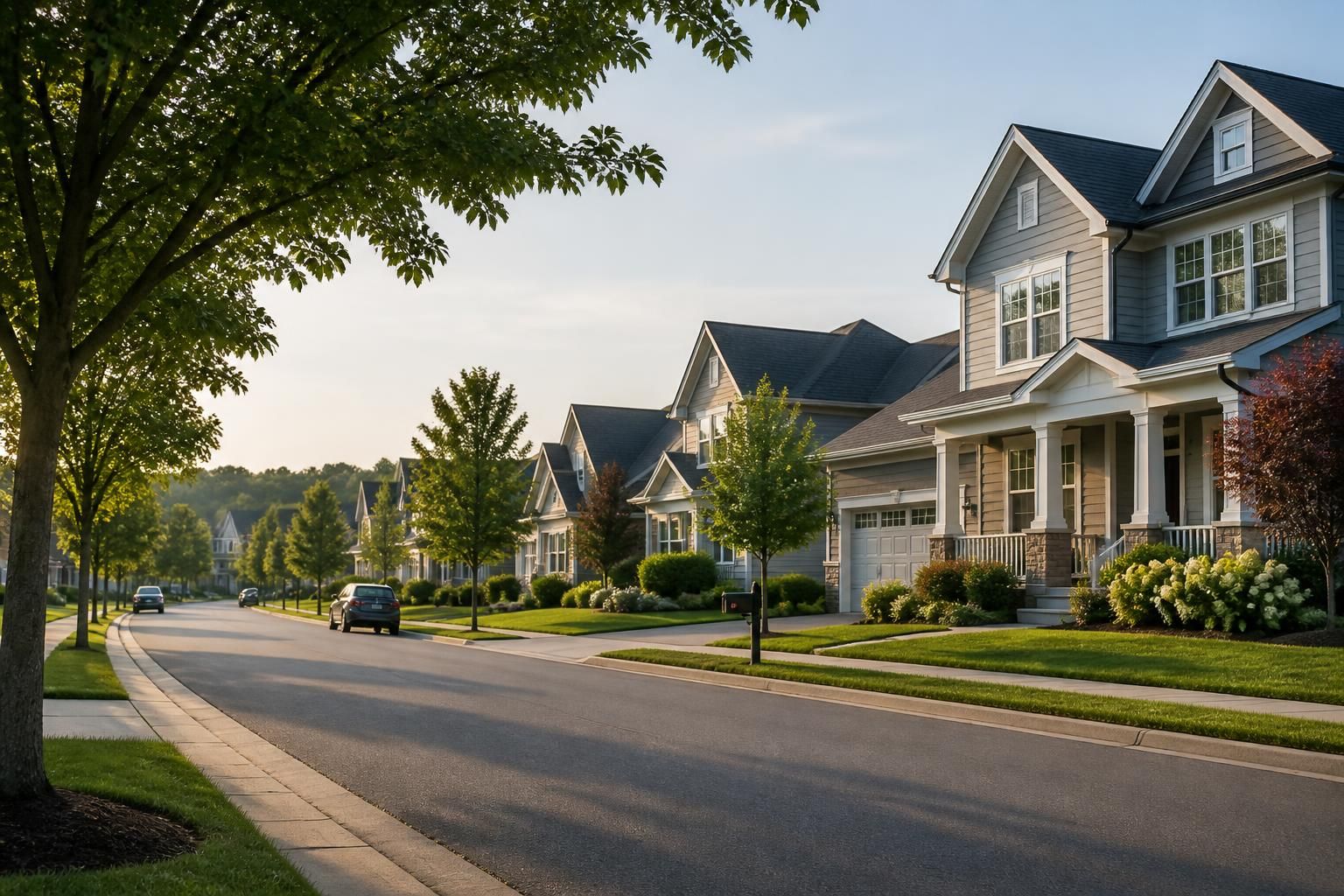 Suburban homes with neatly maintained trees and lawns.