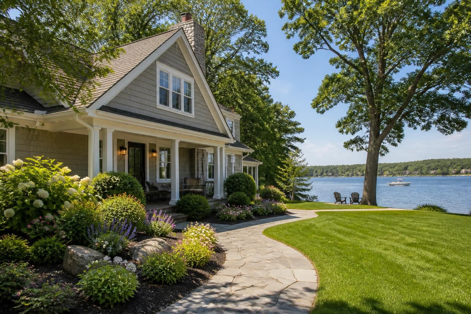 Tree-lined waterfront homes with a calm lake backdrop.