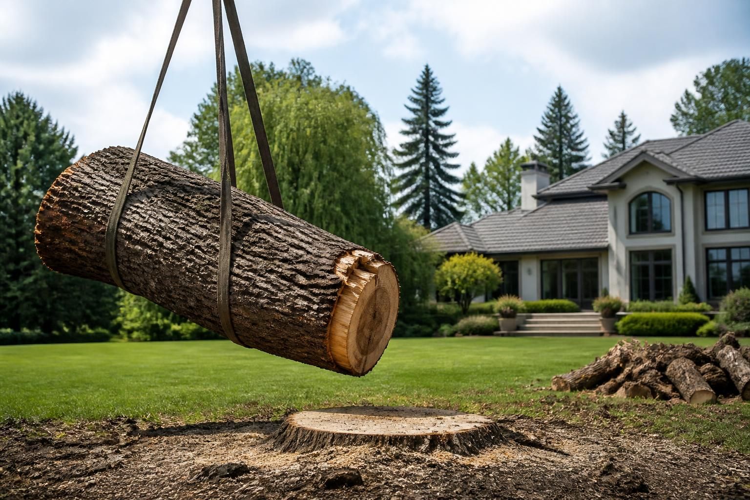 Large tree removal on a spacious residential property.