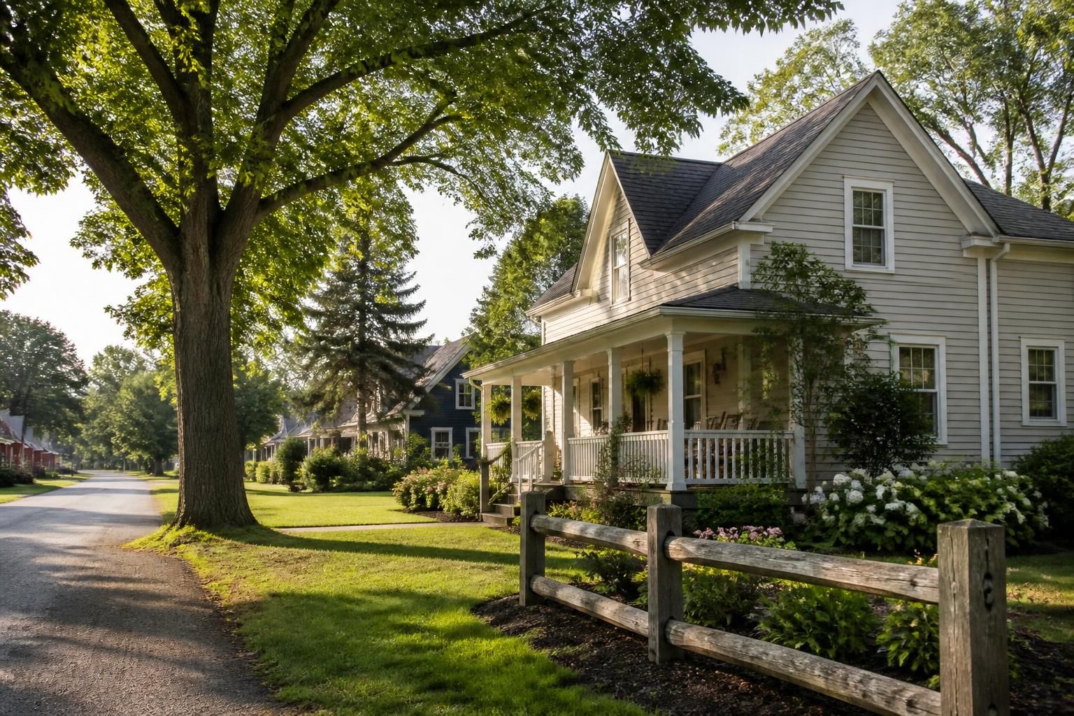 Open residential yards with healthy mature trees.