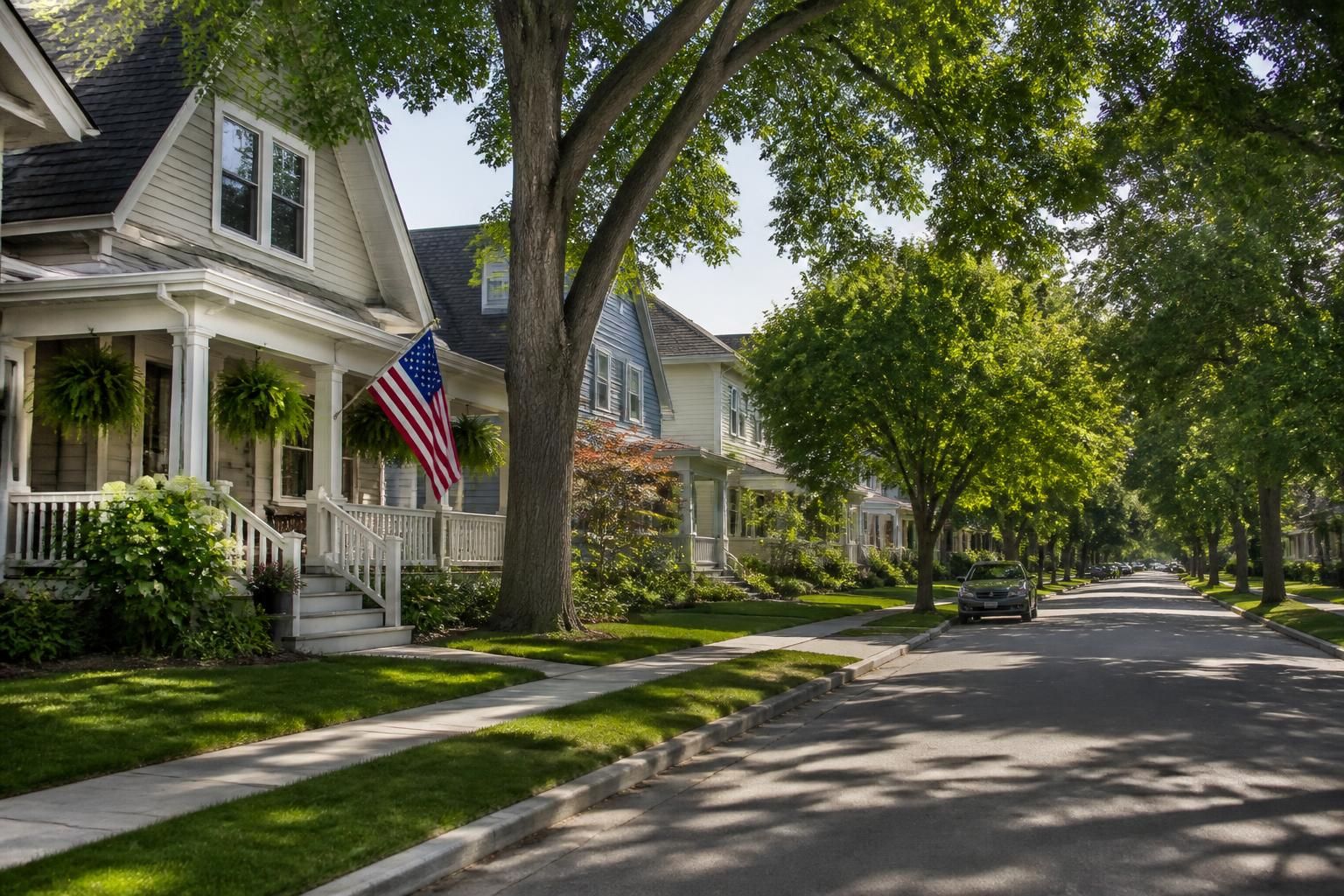 Quiet neighborhood street with mature shade trees.
