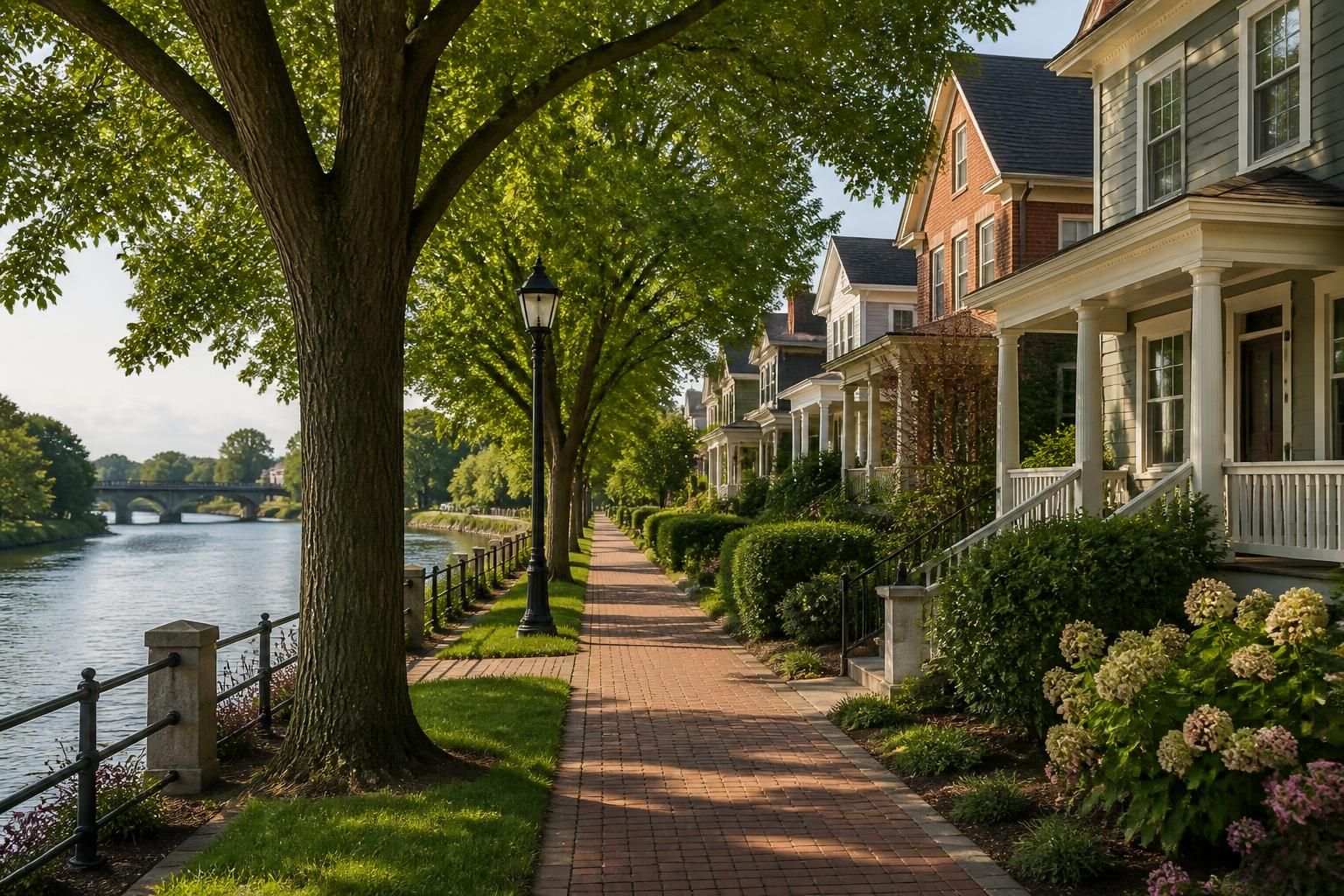Leafy riverside neighborhood with calm residential streets.