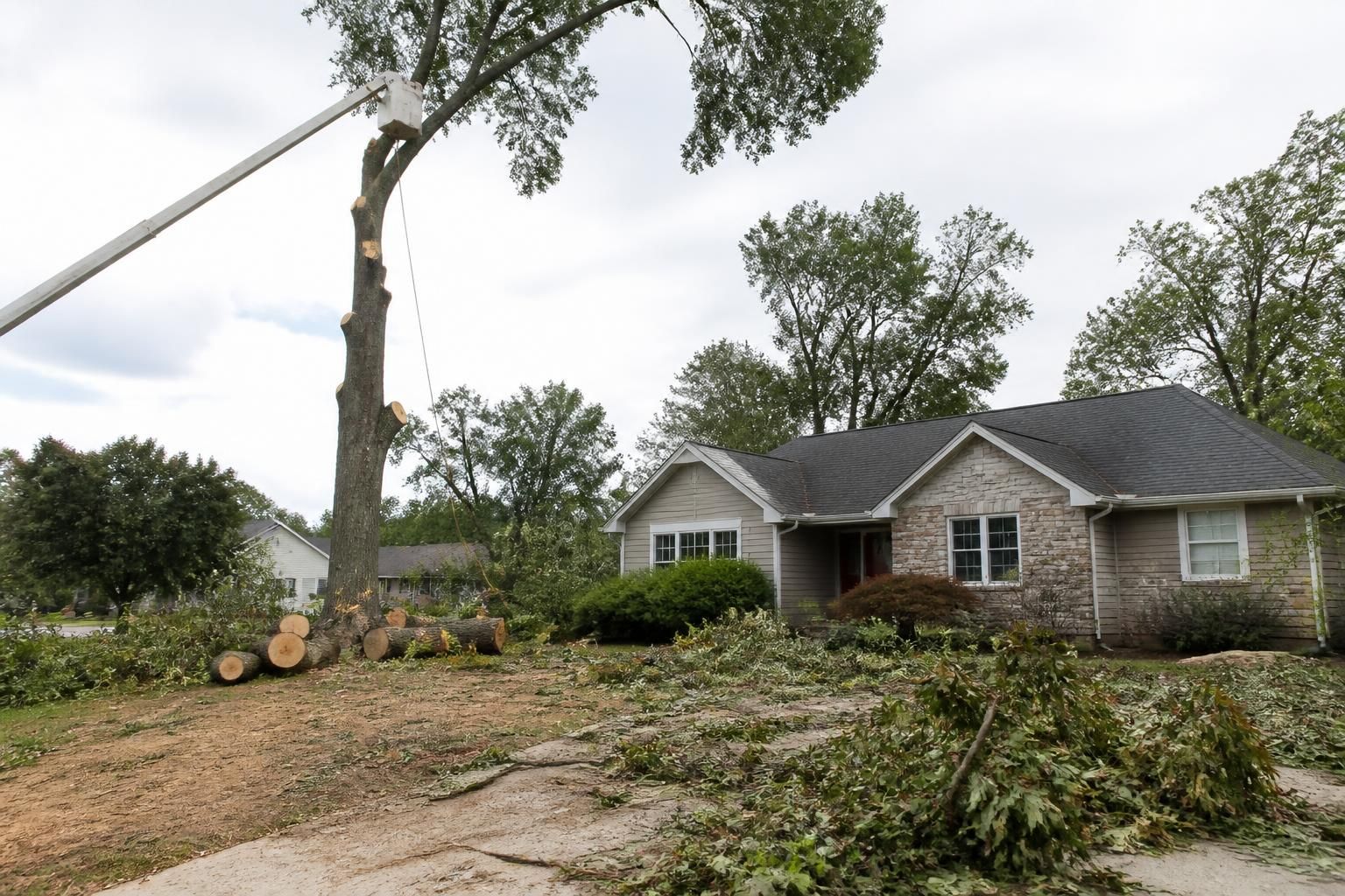 Cleared yard after storm-damaged tree removal near a home.
