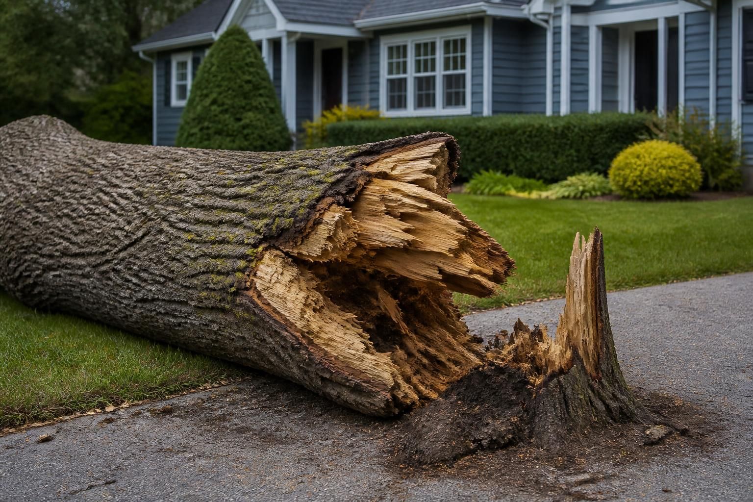 Storm-damaged tree removed and debris cleared from a yard.