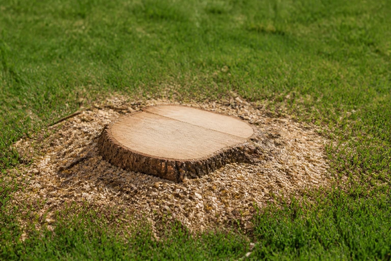 Freshly ground stump with wood chips in a finished lawn.