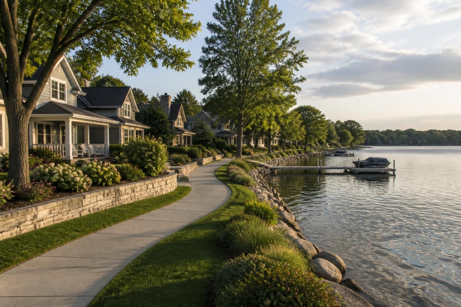 Lakeside neighborhood with manicured trees and tidy homes.