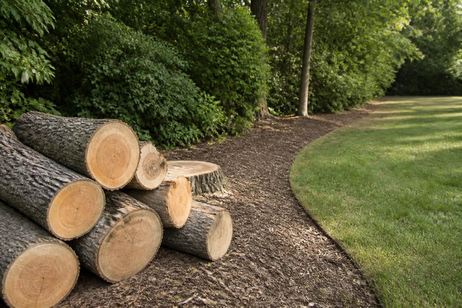Freshly cut logs beside a clean residential yard.