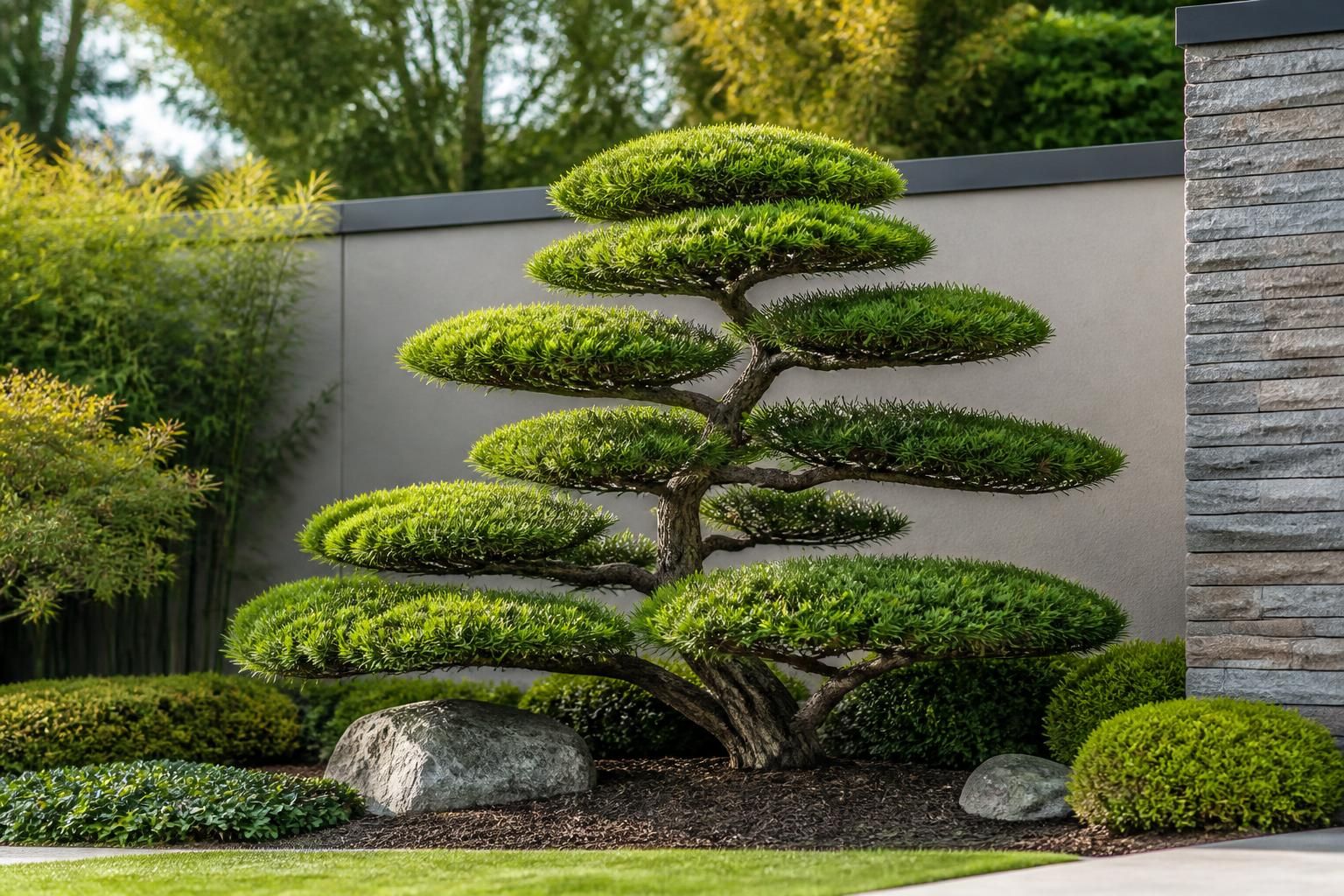 Carefully pruned tree with a balanced shape in a landscape.