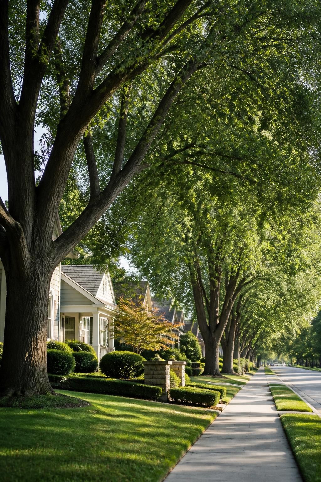 Freshly trimmed trees framing a well-kept residential property.