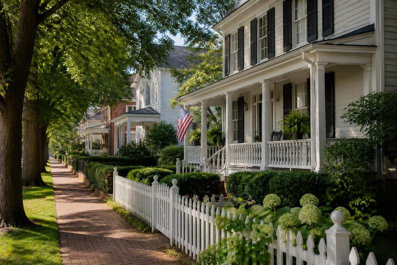 Historic small-town homes shaded by mature trees.